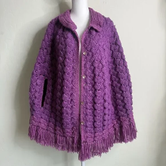Handknit Crochet Purple Cape Poncho Wrap Sweater Chunky Fringe Granny Beige Boho - Picture 1 of 15